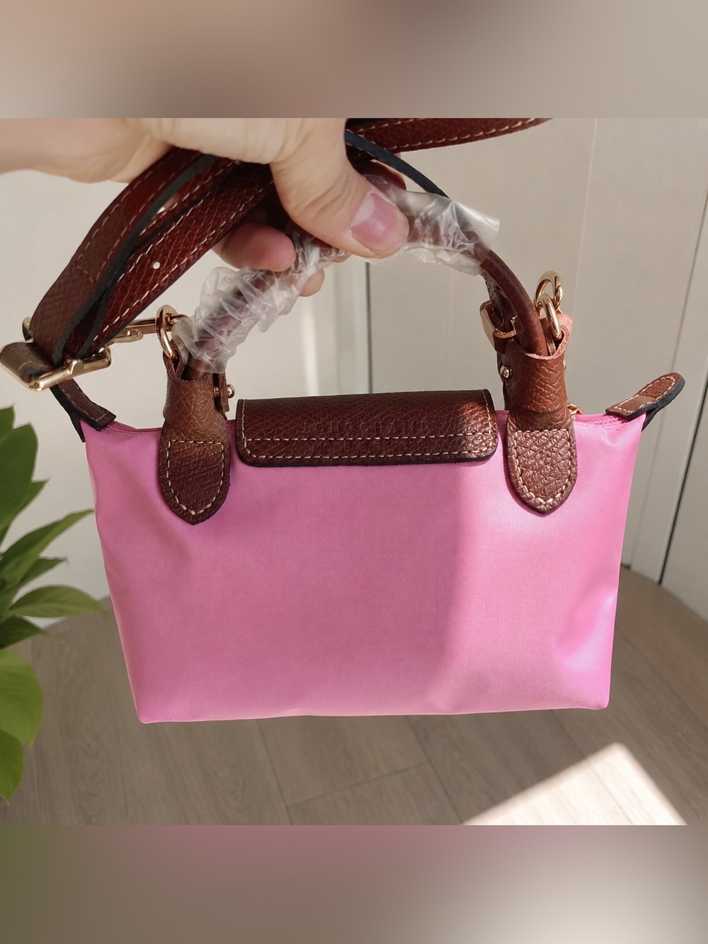 Longchamp Pink Nylon Mini Handbag with Brown Leather Flap - Picture 4 of 4